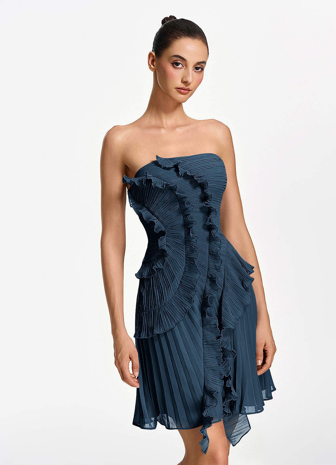 Ilona A-Line Mini Strapless Pleated Chiffon Prom Dress in Navy