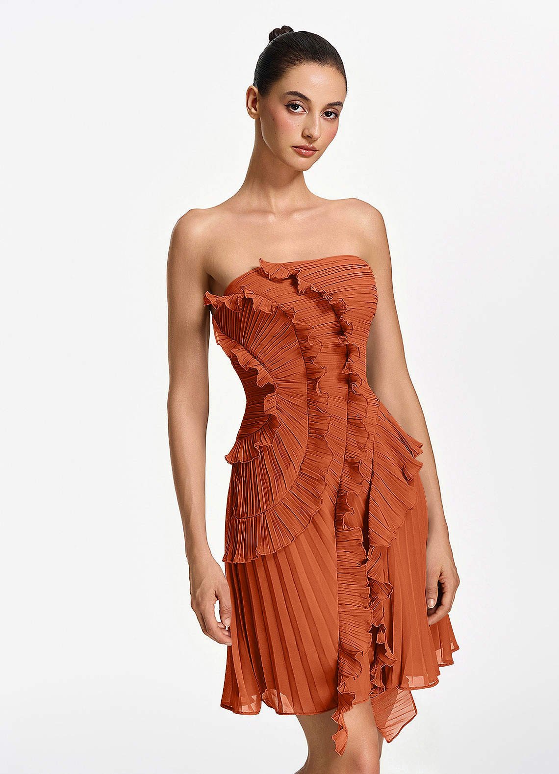 Ilona A-Line Mini Strapless Pleated Chiffon Prom Dress in Burnt Orange