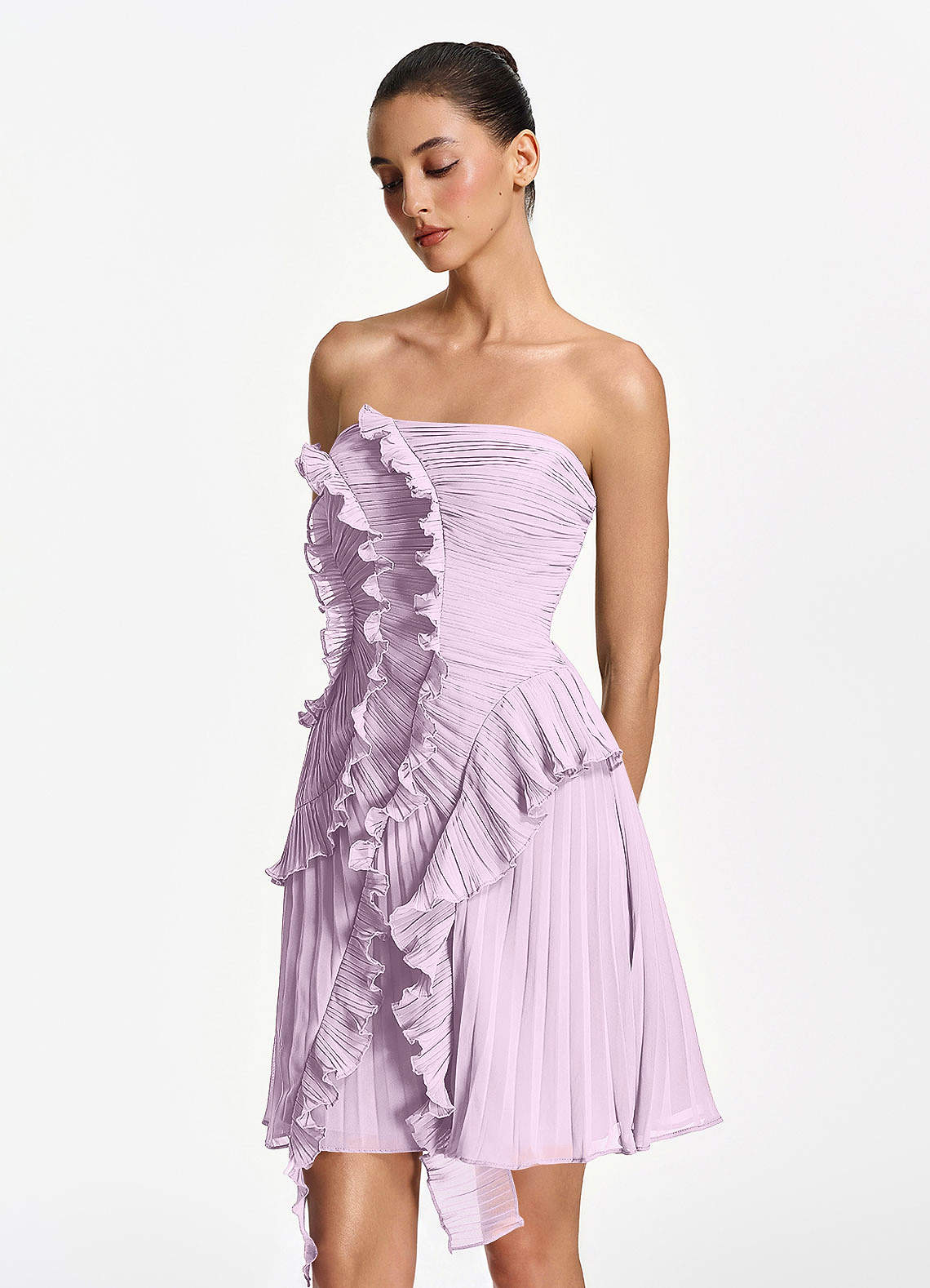 Ilona A-Line Mini Strapless Pleated Chiffon Prom Dress in Frosted Lilac