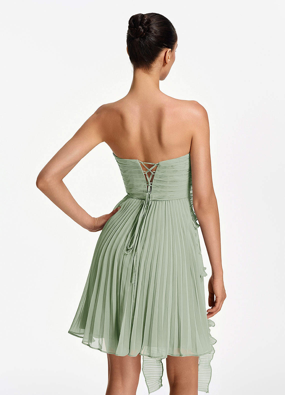 Ilona A-Line Mini Strapless Pleated Chiffon Prom Dress in Dusty Sage