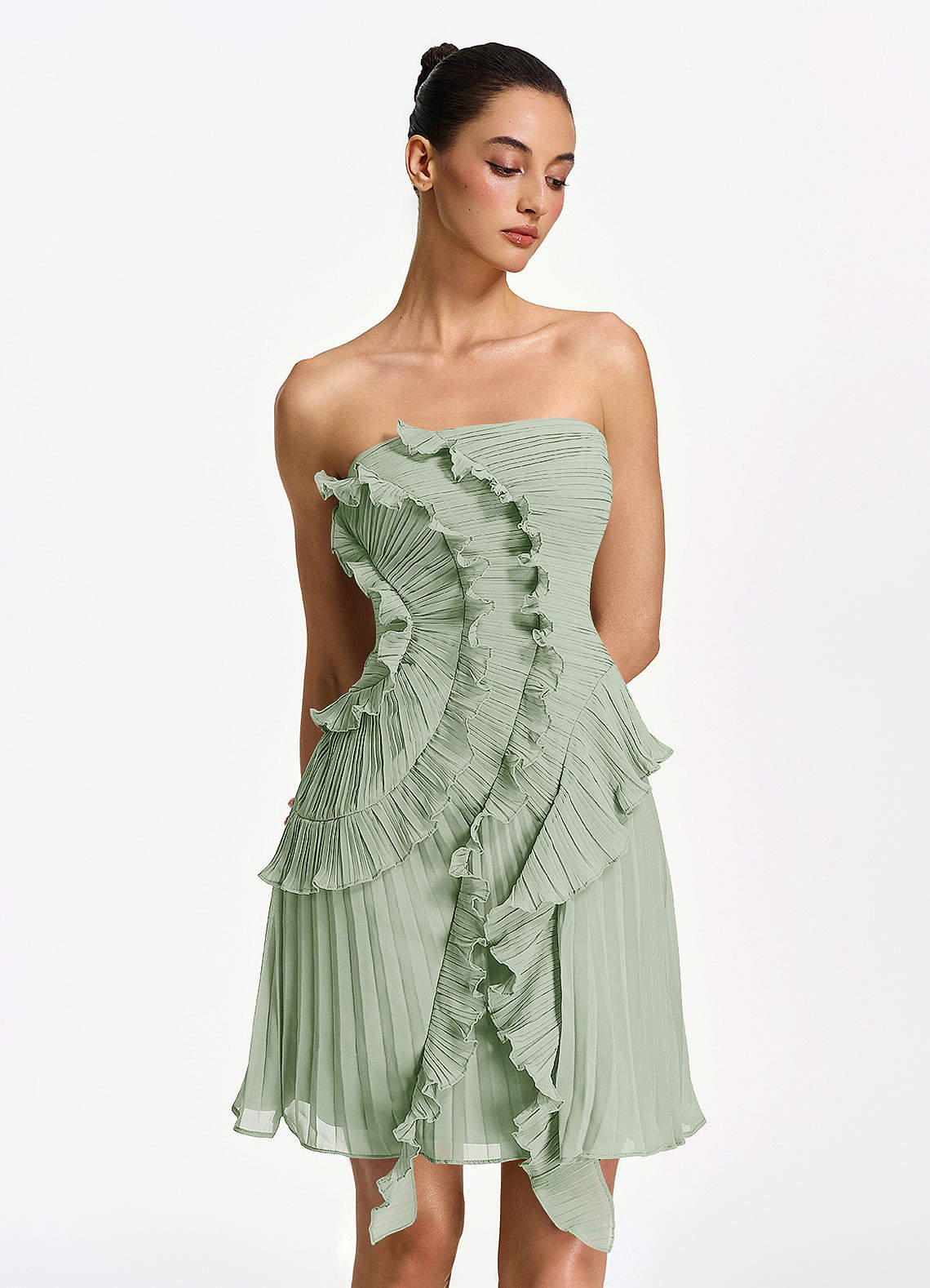 Ilona A-Line Mini Strapless Pleated Chiffon Prom Dress in Powder Pink