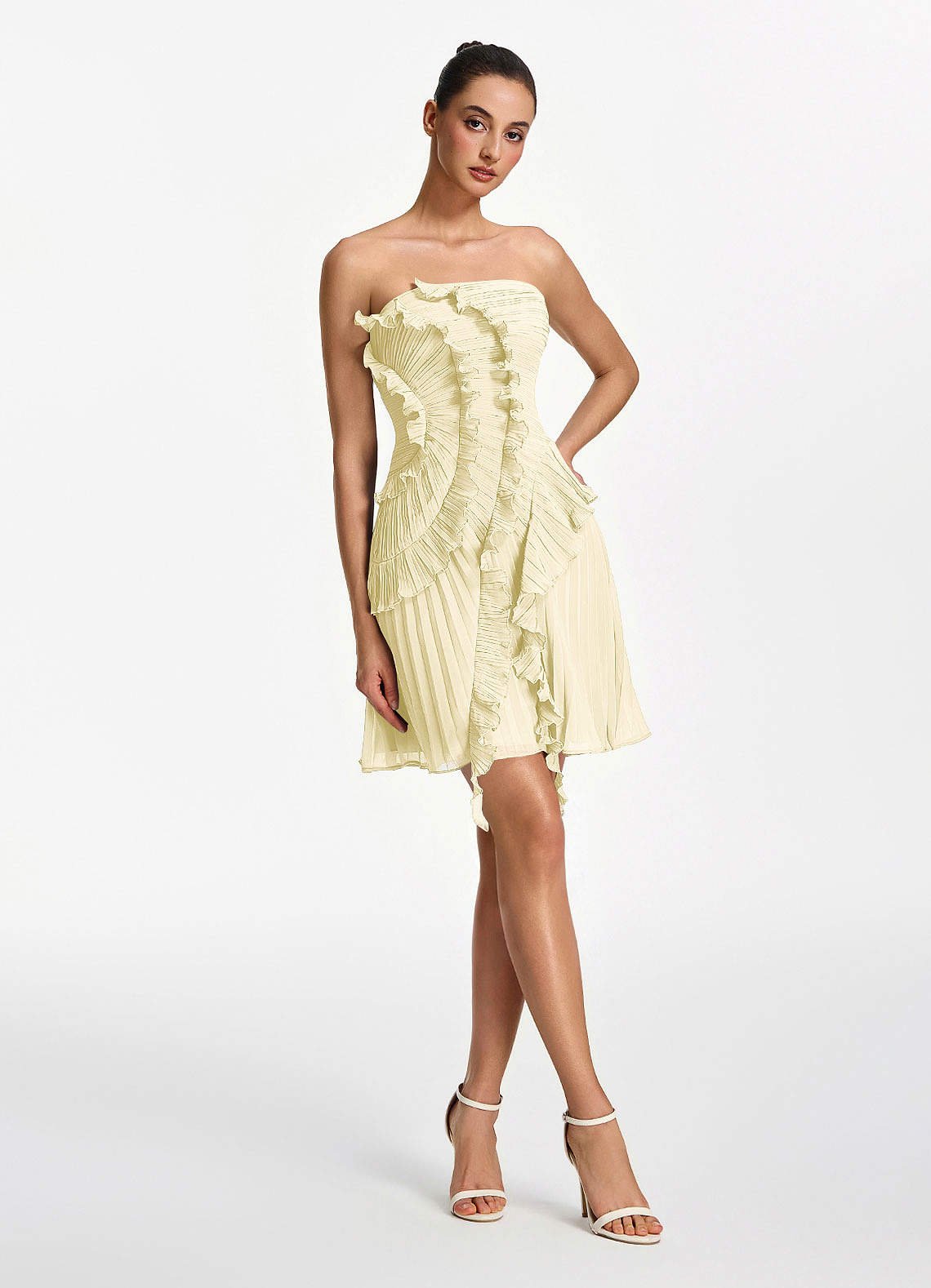 Ilona A-Line Mini Strapless Pleated Chiffon Prom Dress in Lemon Sorbet