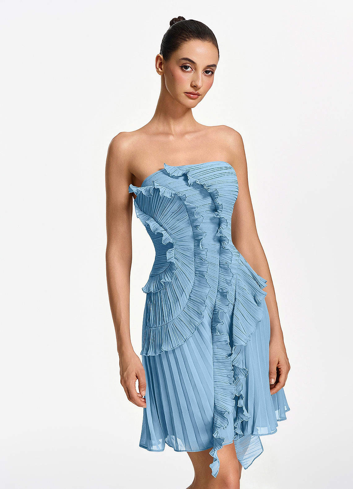 Ilona A-Line Mini Strapless Pleated Chiffon Prom Dress in Steel Blue