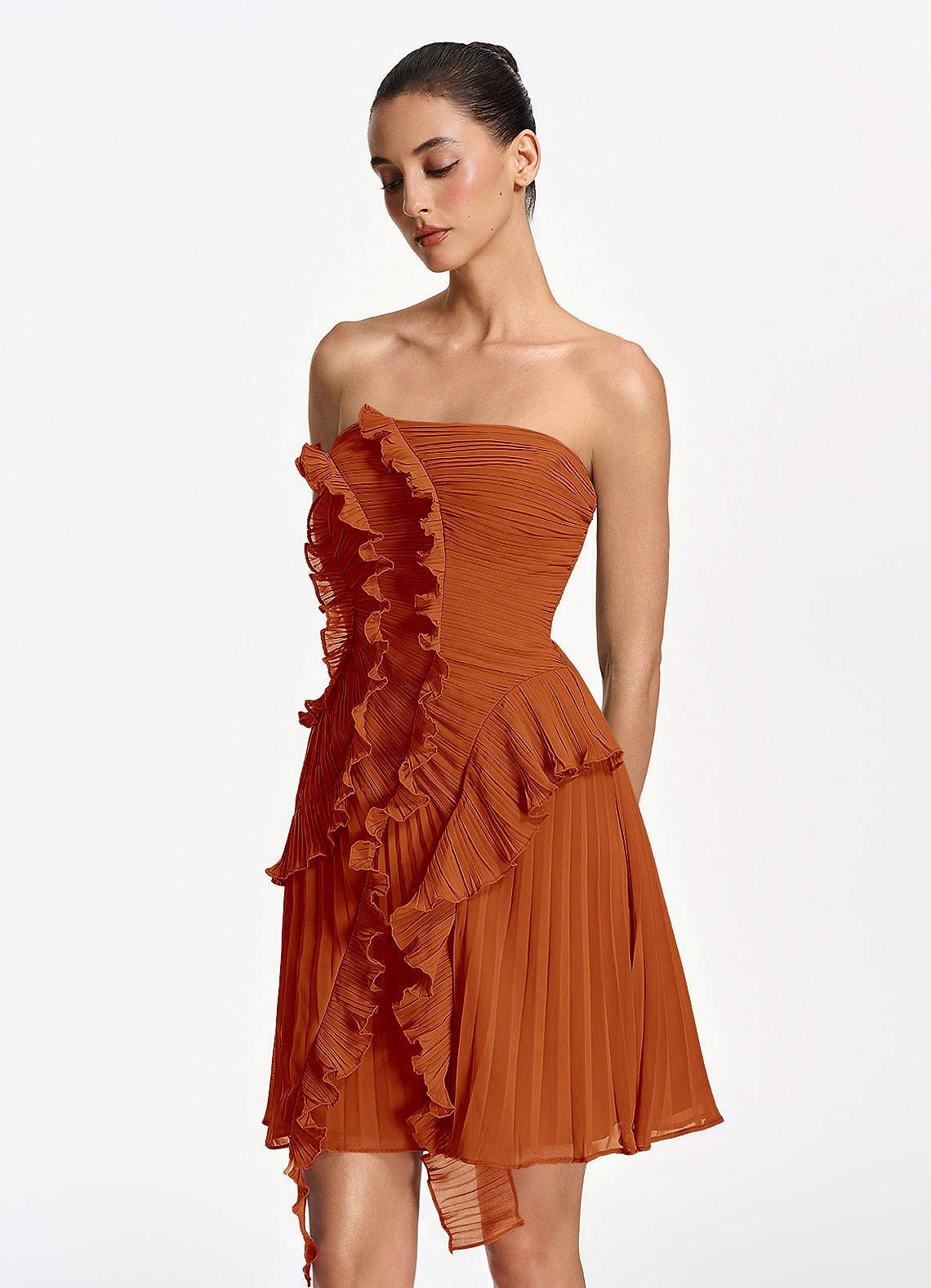 Ilona A-Line Mini Strapless Pleated Chiffon Prom Dress in Paprika