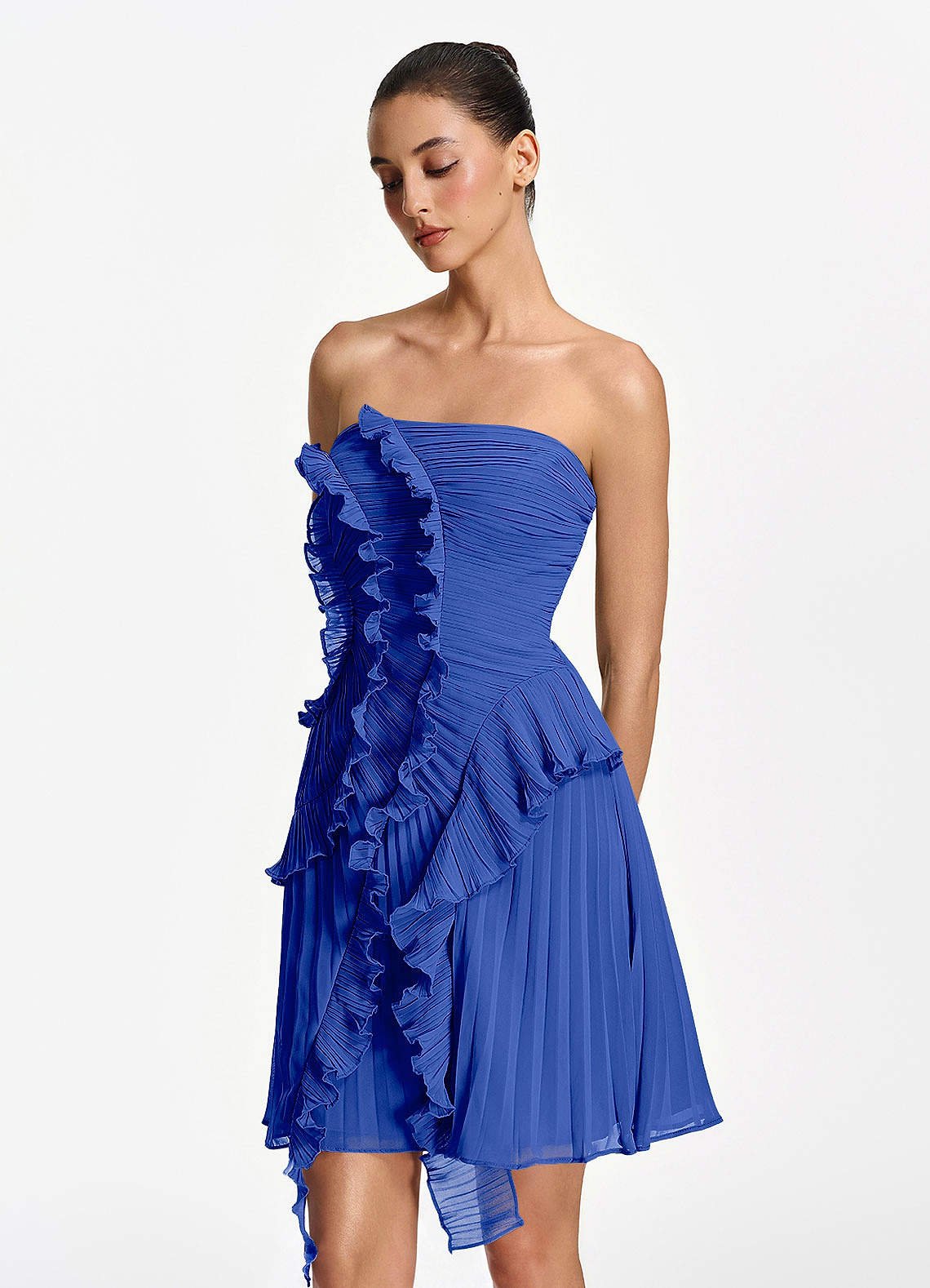 Ilona A-Line Mini Strapless Pleated Chiffon Prom Dress in Royal Blue