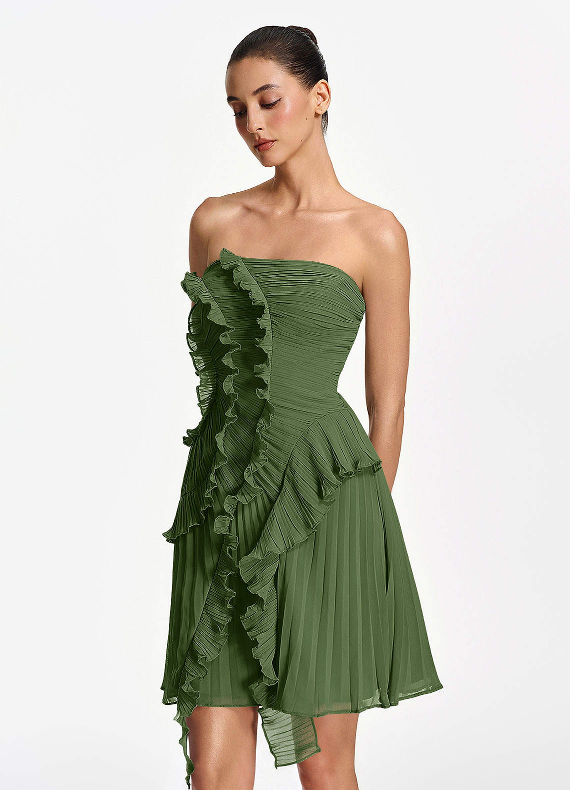 Ilona A-Line Mini Strapless Pleated Chiffon Prom Dress in Olive