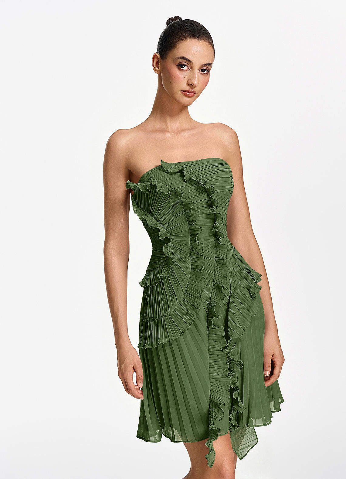 Ilona A-Line Mini Strapless Pleated Chiffon Prom Dress in Olive