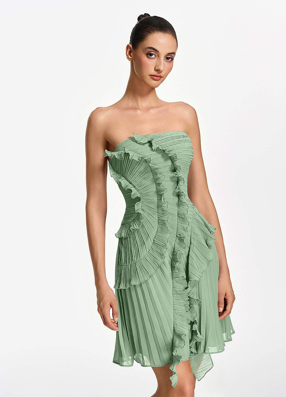 Ilona A-Line Mini Strapless Pleated Chiffon Prom Dress in matcha