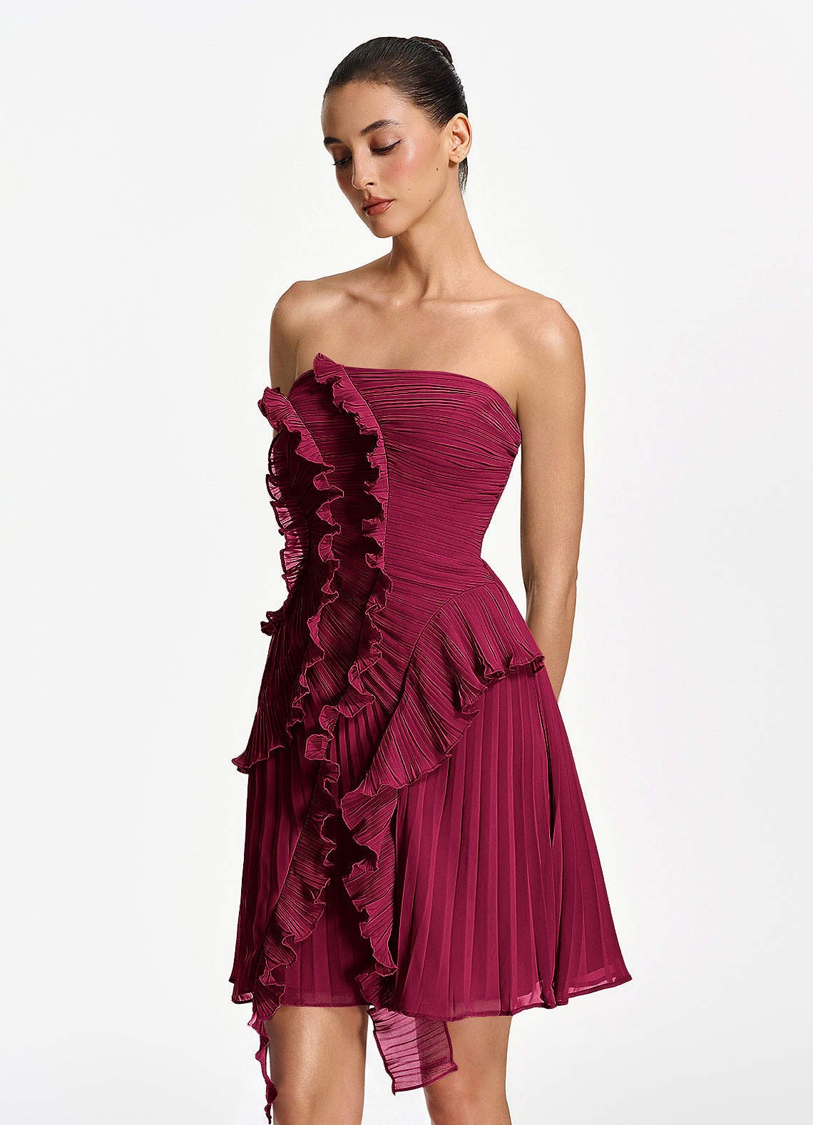 Ilona A-Line Mini Strapless Pleated Chiffon Prom Dress in Burgundy