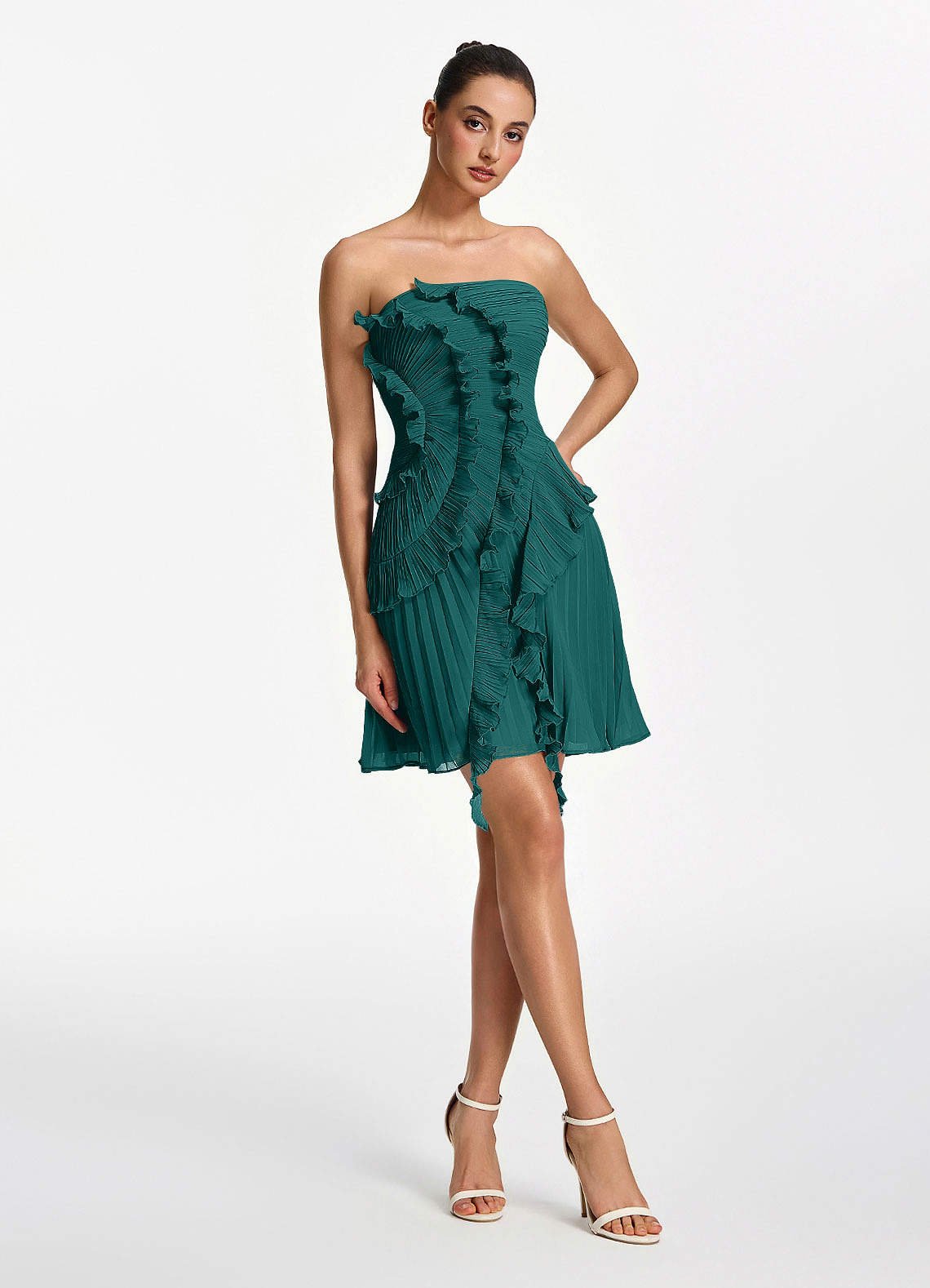 Ilona A-Line Mini Strapless Pleated Chiffon Prom Dress in Peacock