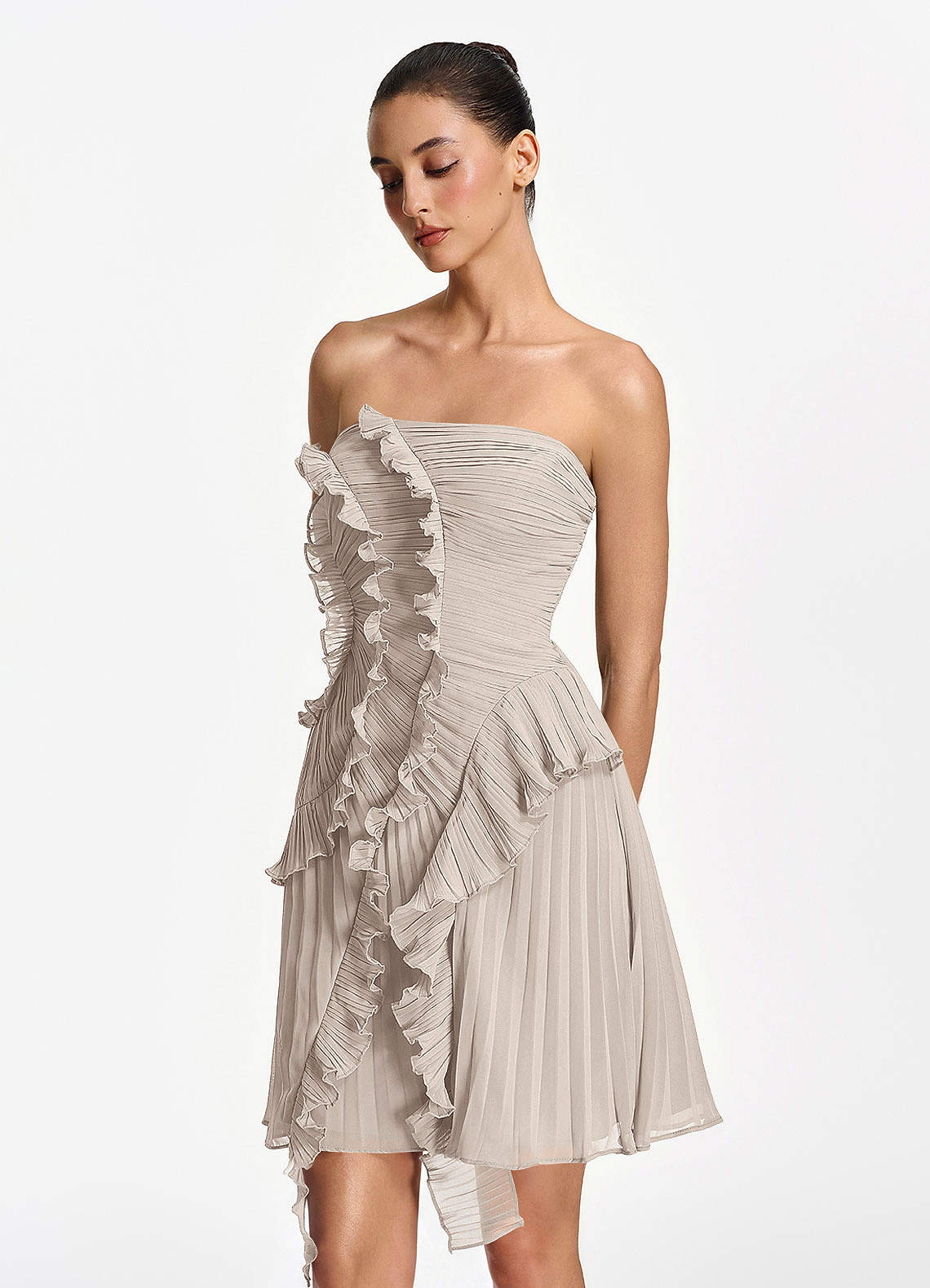 Ilona A-Line Mini Strapless Pleated Chiffon Prom Dress in Frost