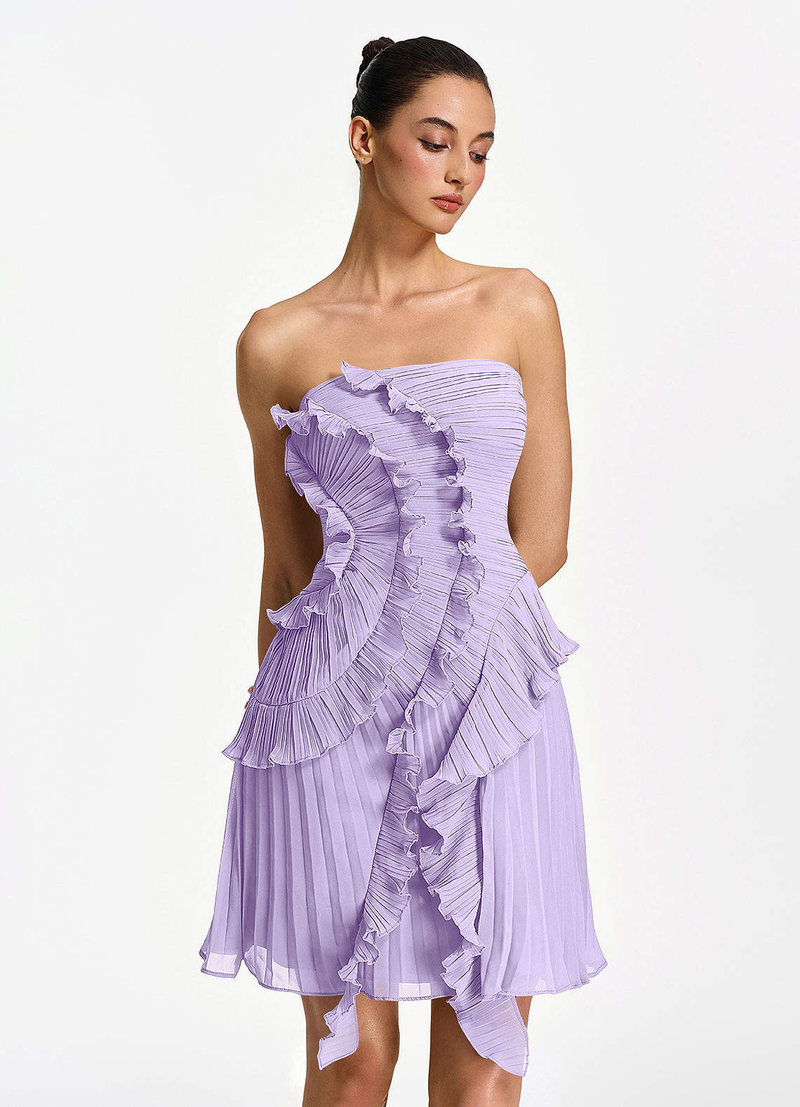 Ilona A-Line Mini Strapless Pleated Chiffon Prom Dress in Powder Pink