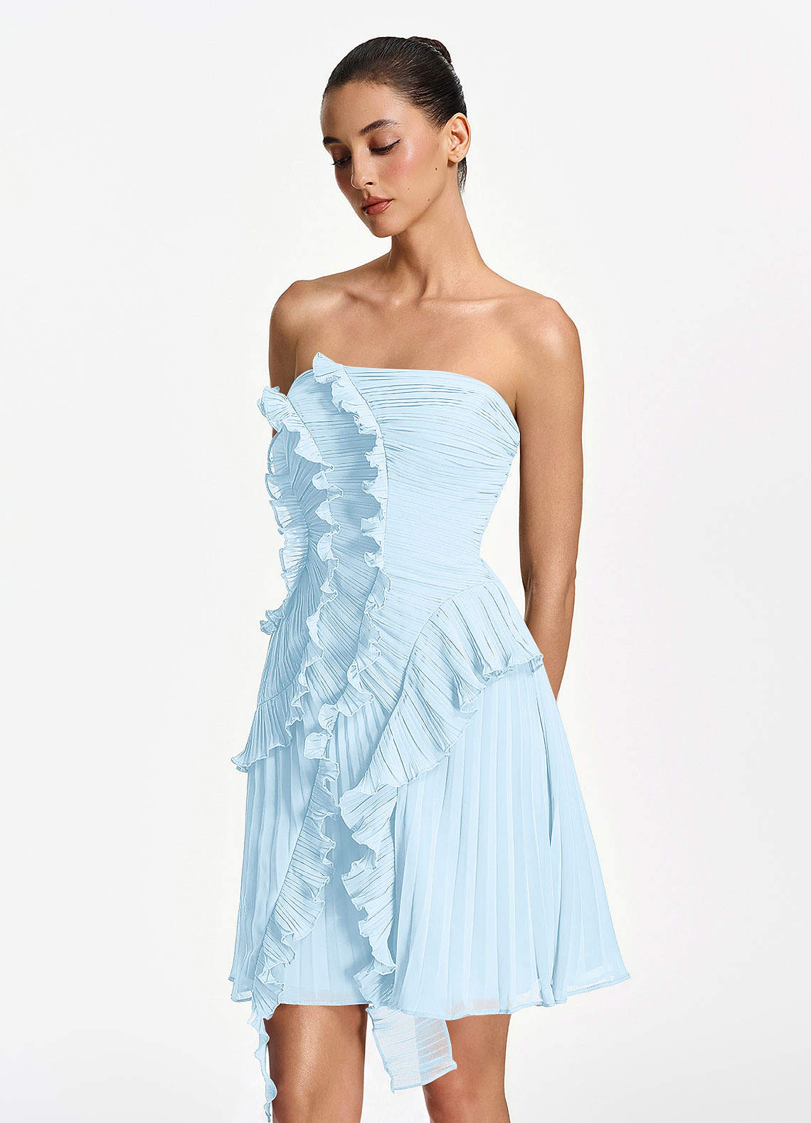 Ilona A-Line Mini Strapless Pleated Chiffon Prom Dress in Sky Blue