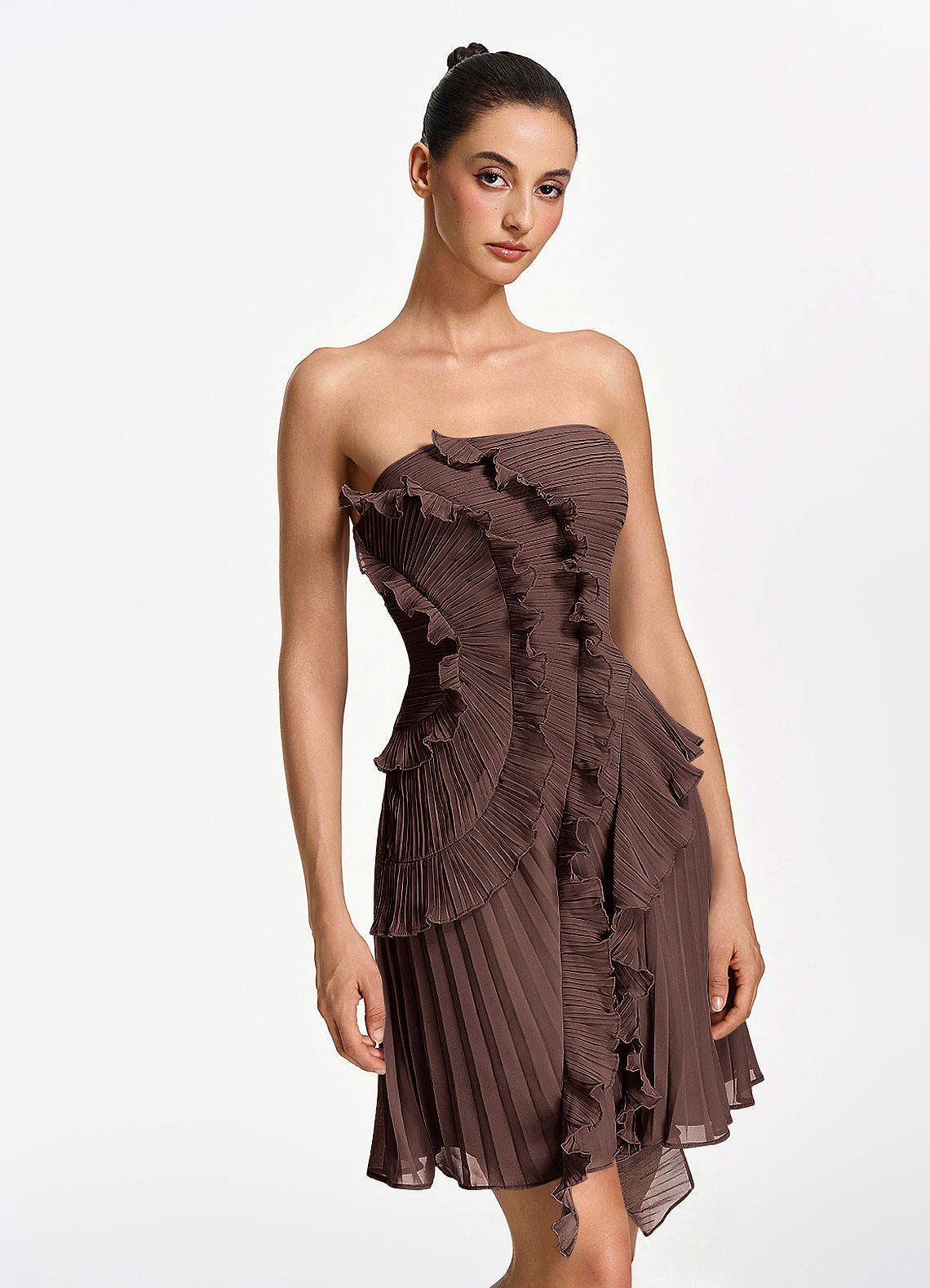 Ilona A-Line Mini Strapless Pleated Chiffon Prom Dress in Ganache