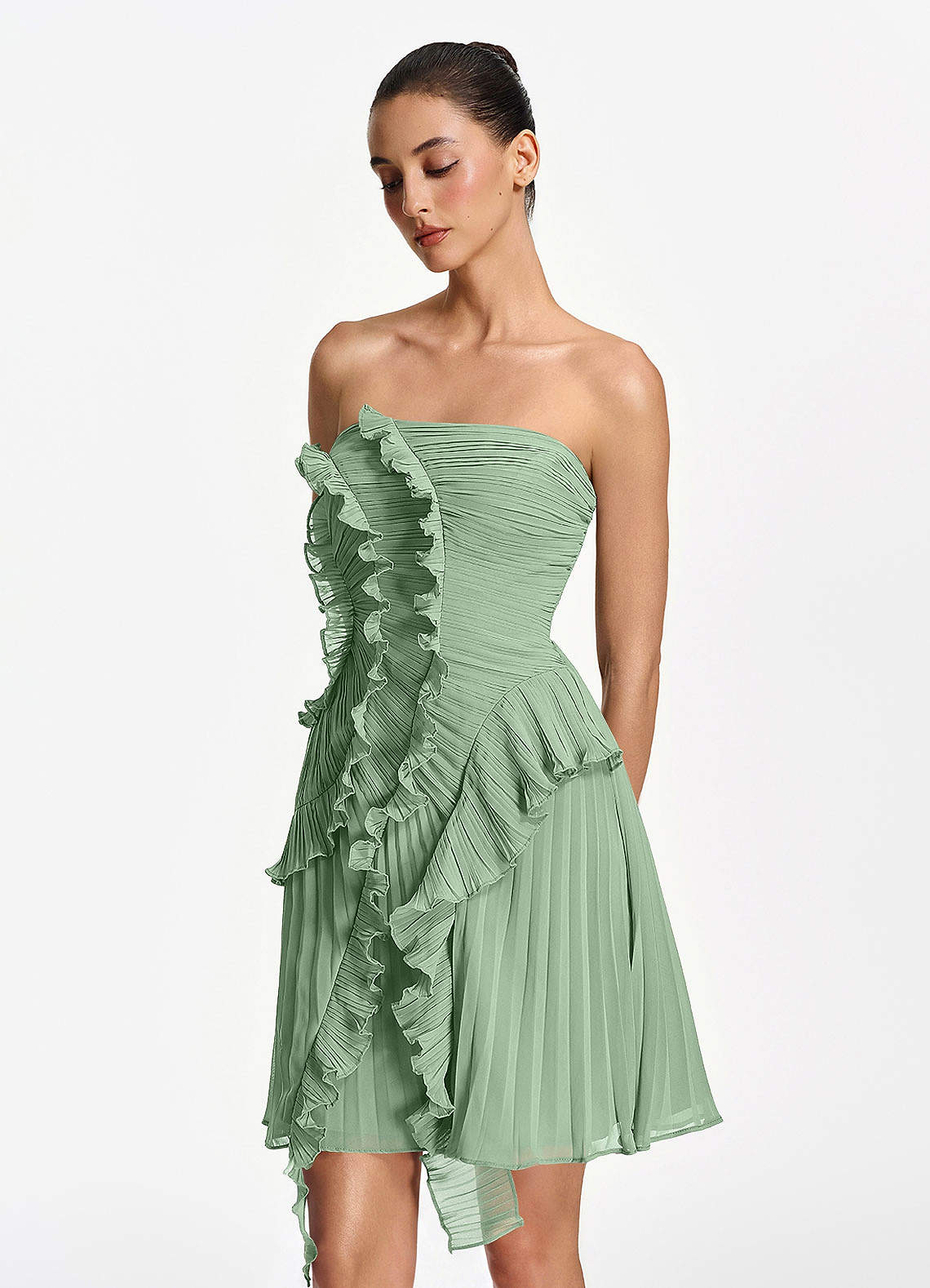 Ilona A-Line Mini Strapless Pleated Chiffon Prom Dress in matcha