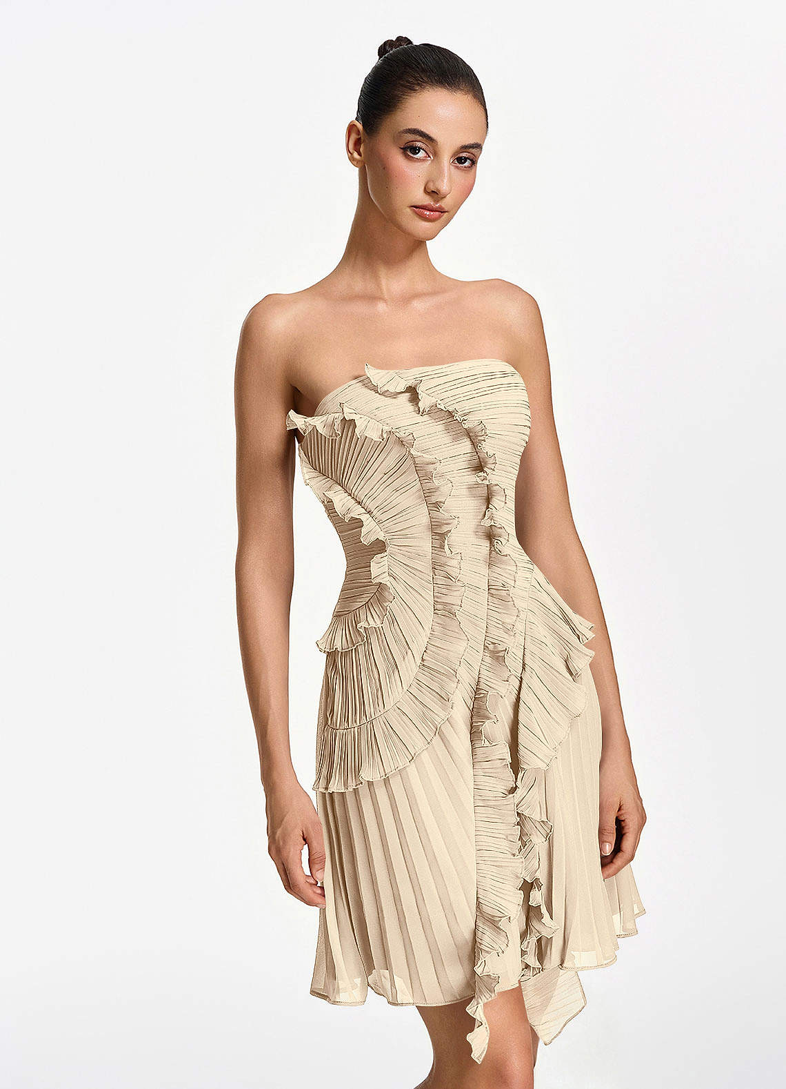 Ilona A-Line Mini Strapless Pleated Chiffon Prom Dress in Champagne