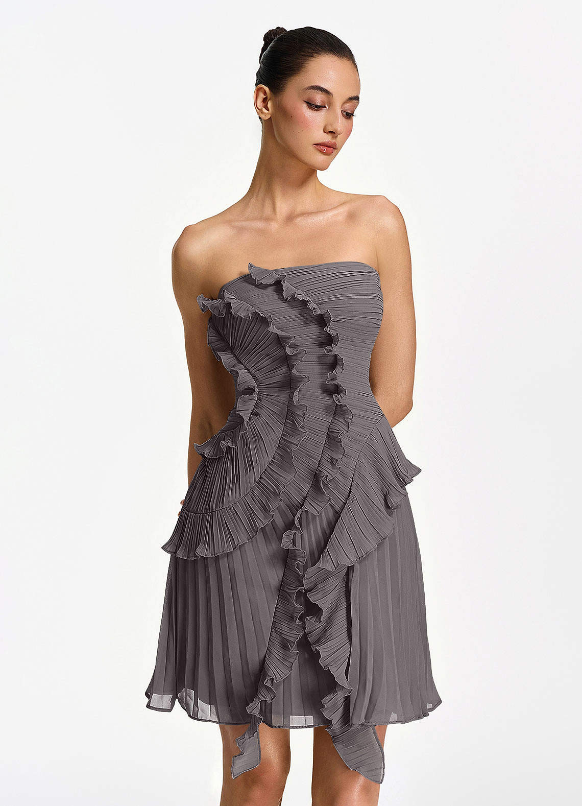 Ilona A-Line Mini Strapless Pleated Chiffon Prom Dress in Powder Pink