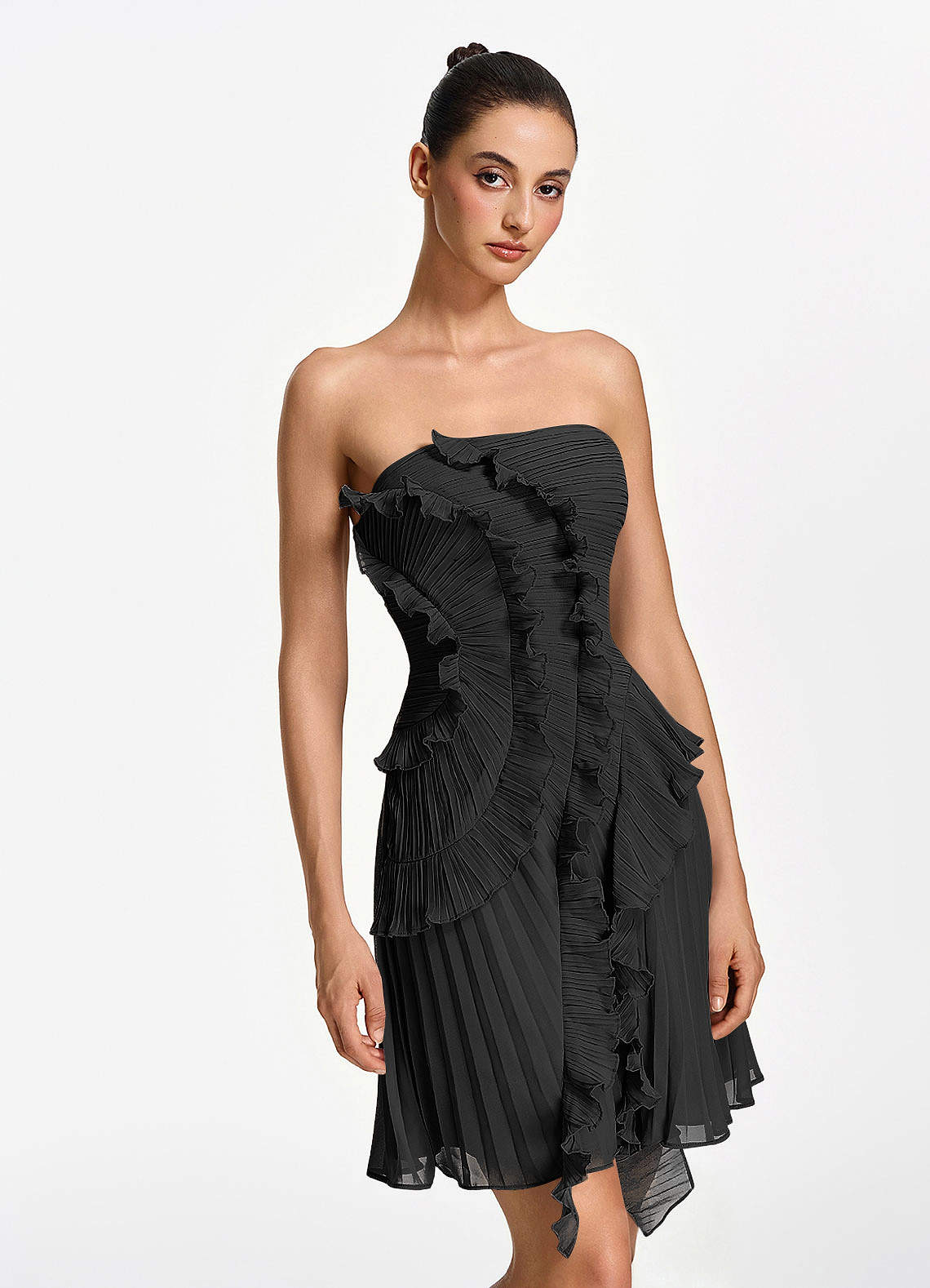Ilona A-Line Mini Strapless Pleated Chiffon Prom Dress in black
