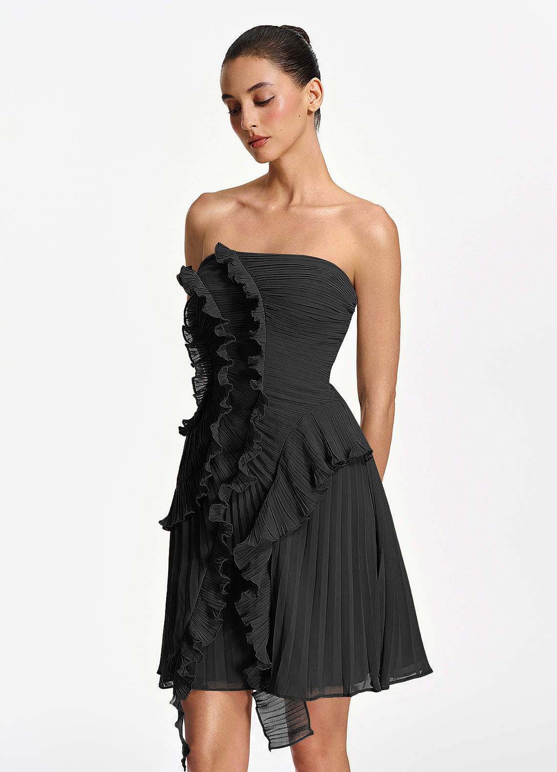 Ilona A-Line Mini Strapless Pleated Chiffon Prom Dress in black