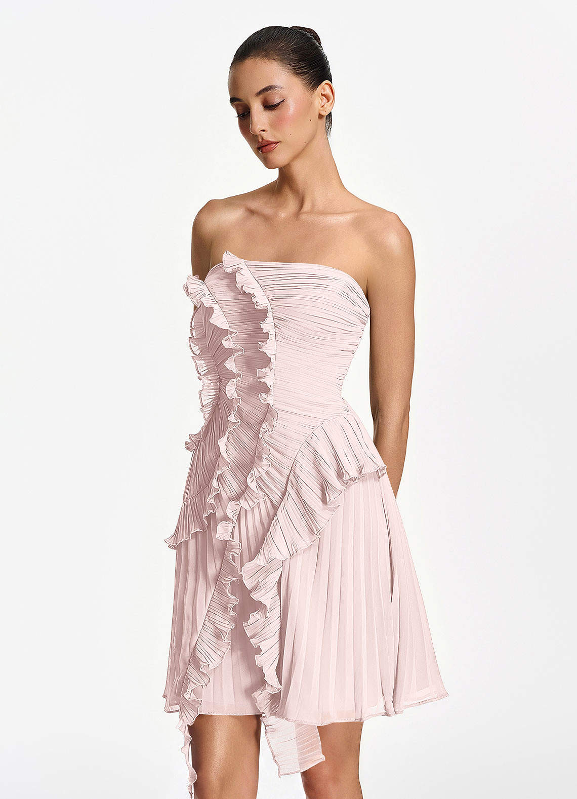 Ilona A-Line Mini Strapless Pleated Chiffon Prom Dress in Blushing Pink
