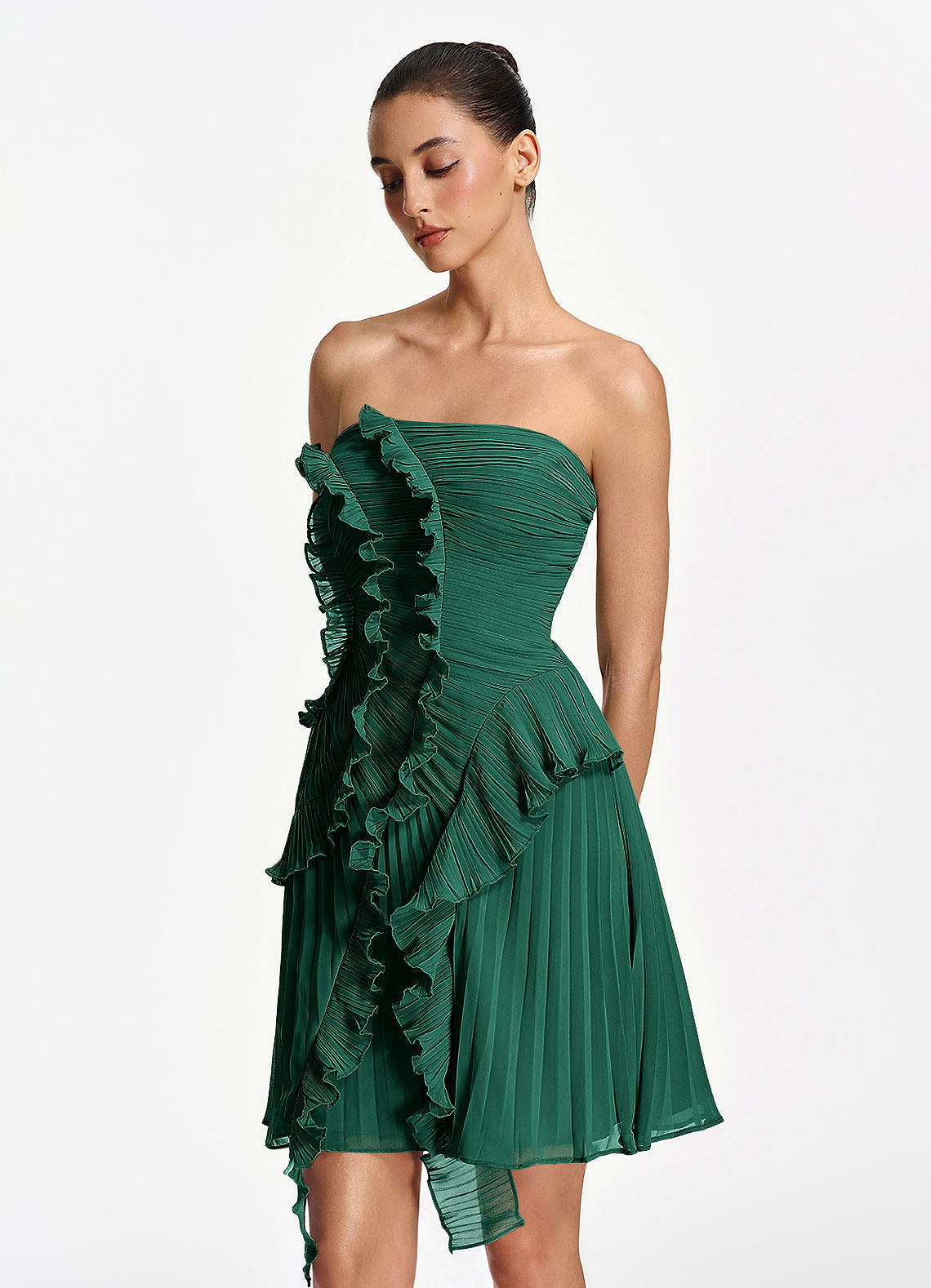 Ilona A-Line Mini Strapless Pleated Chiffon Prom Dress in Emerald