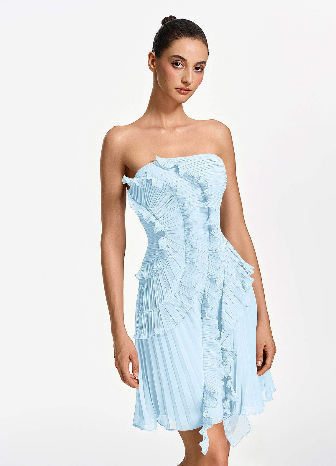 Ilona A-Line Mini Strapless Pleated Chiffon Prom Dress in Sky Blue
