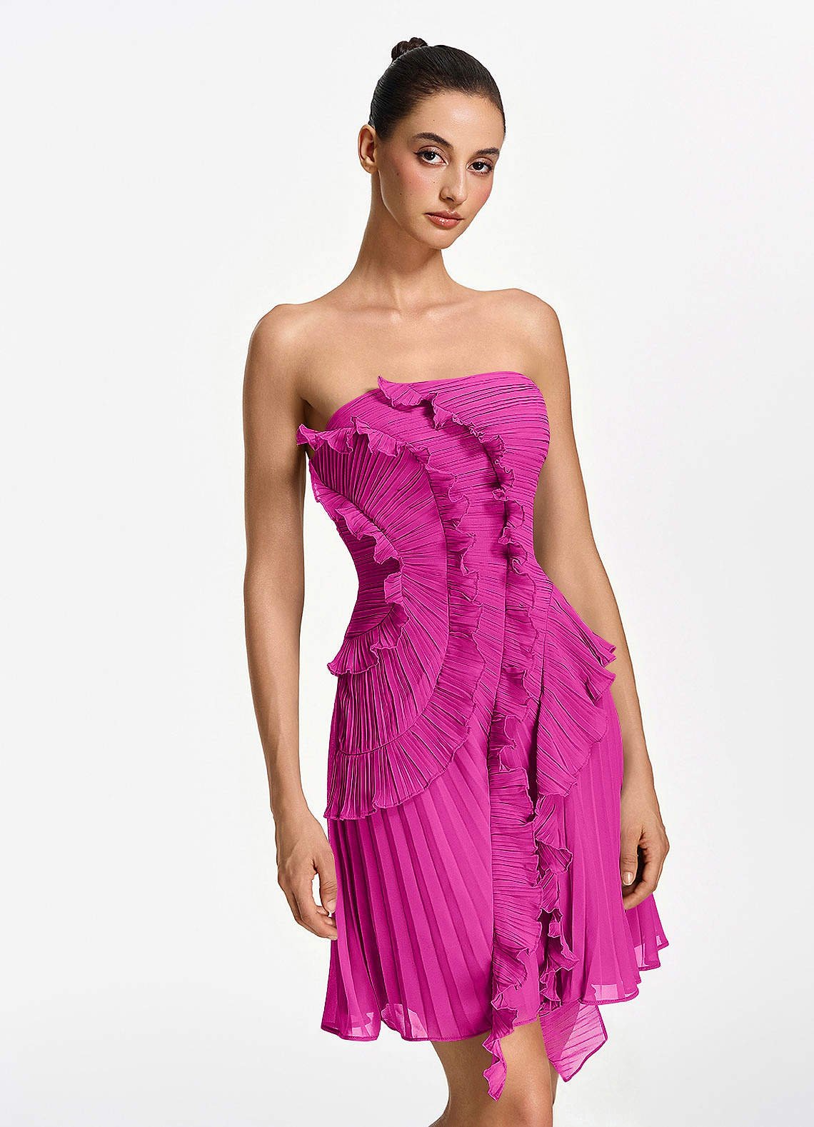 Ilona A-Line Mini Strapless Pleated Chiffon Prom Dress in Fuchsia