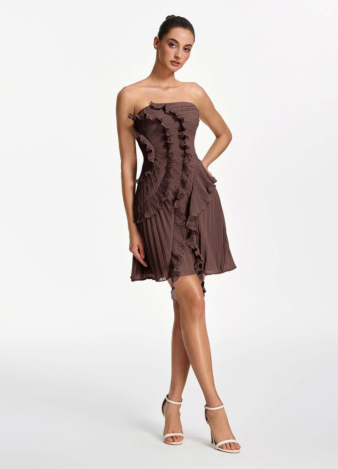 Ilona A-Line Mini Strapless Pleated Chiffon Prom Dress in Ganache