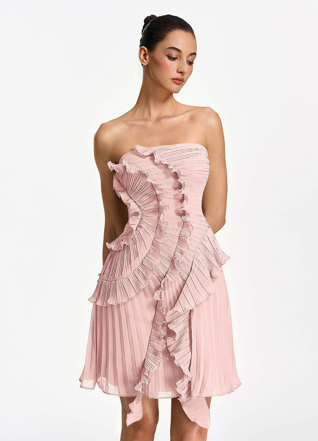 Ilona A-Line Mini Strapless Pleated Chiffon Prom Dress in Powder Pink