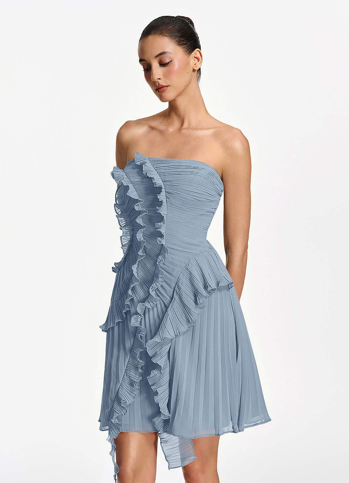 Ilona A-Line Mini Strapless Pleated Chiffon Prom Dress in Dusty Blue