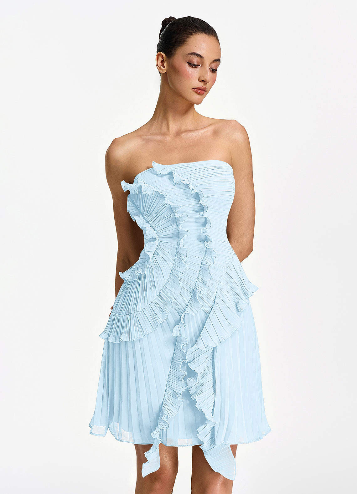 Ilona A-Line Mini Strapless Pleated Chiffon Prom Dress in Powder Pink