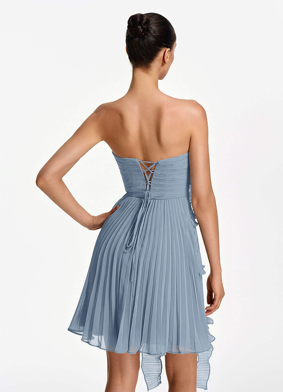 Ilona A-Line Mini Strapless Pleated Chiffon Prom Dress in Dusty Blue