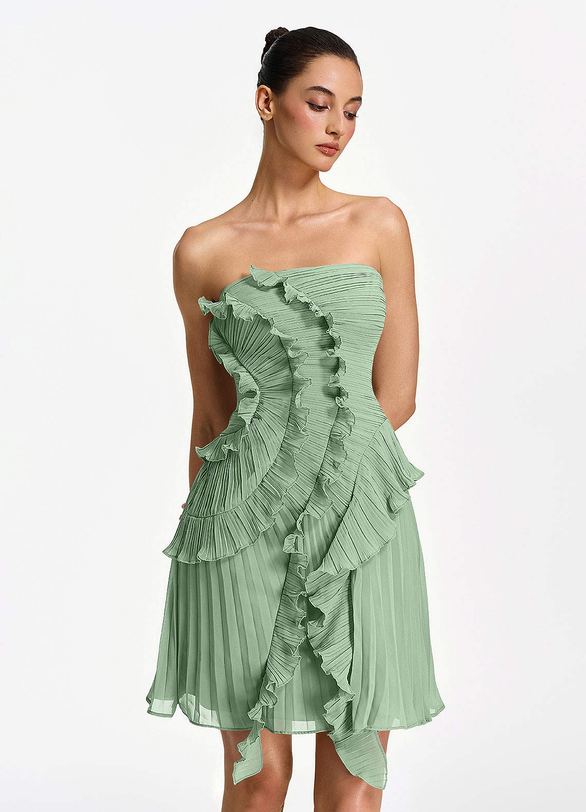 Ilona A-Line Mini Strapless Pleated Chiffon Prom Dress in Powder Pink