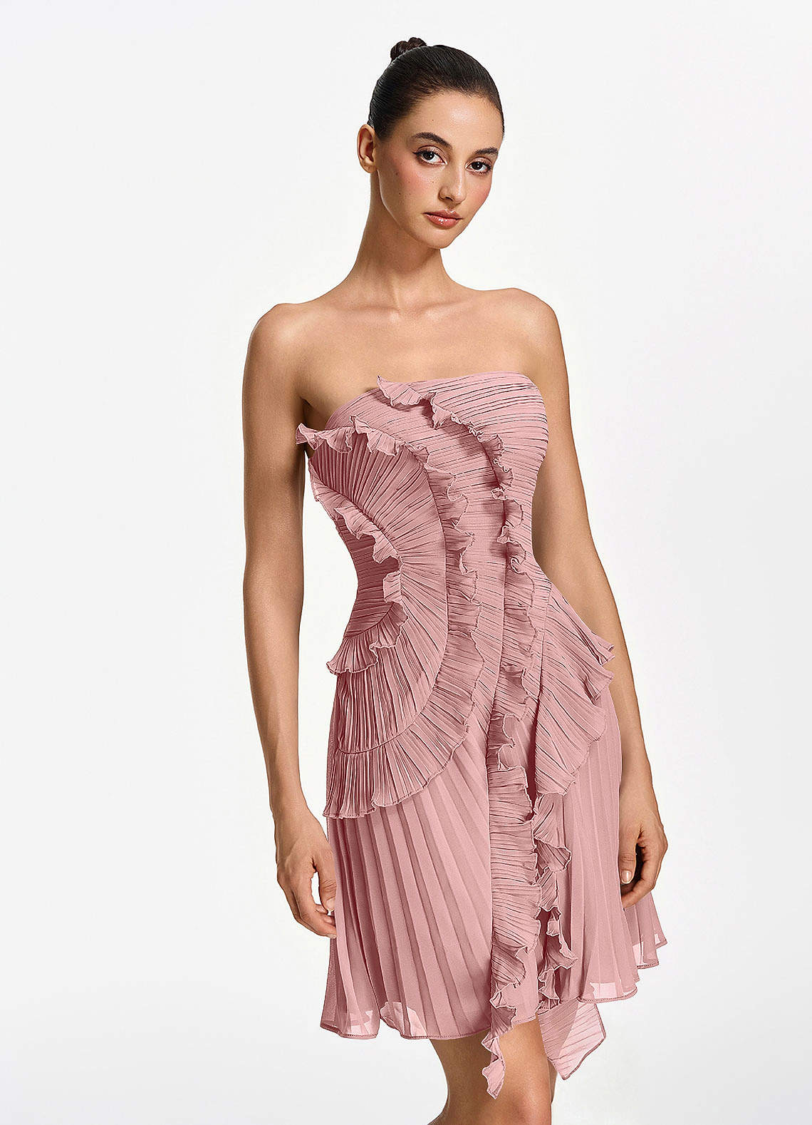 Ilona A-Line Mini Strapless Pleated Chiffon Prom Dress in Dusty Rose