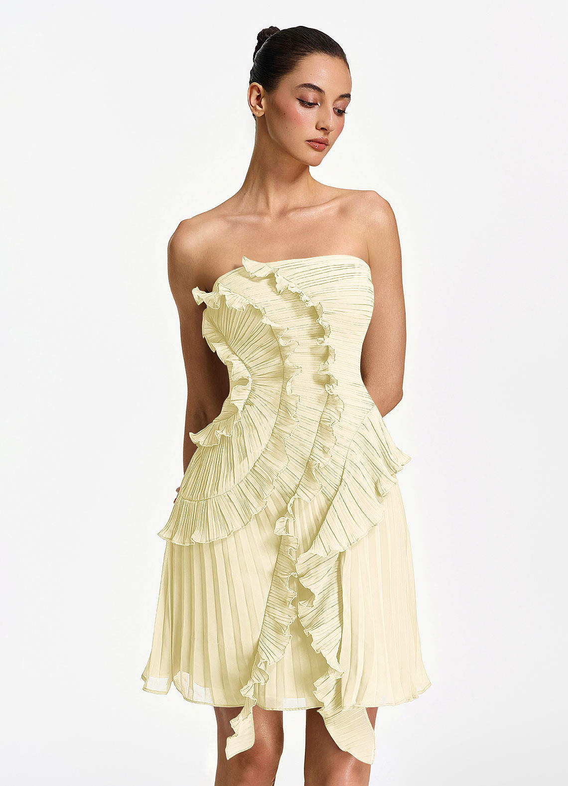 Ilona A-Line Mini Strapless Pleated Chiffon Prom Dress in Powder Pink