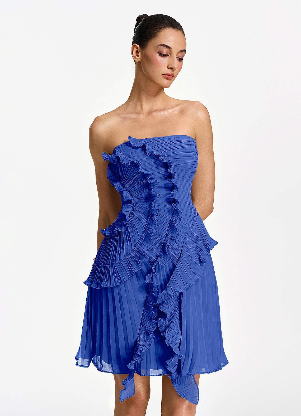 Ilona A-Line Mini Strapless Pleated Chiffon Prom Dress in Powder Pink