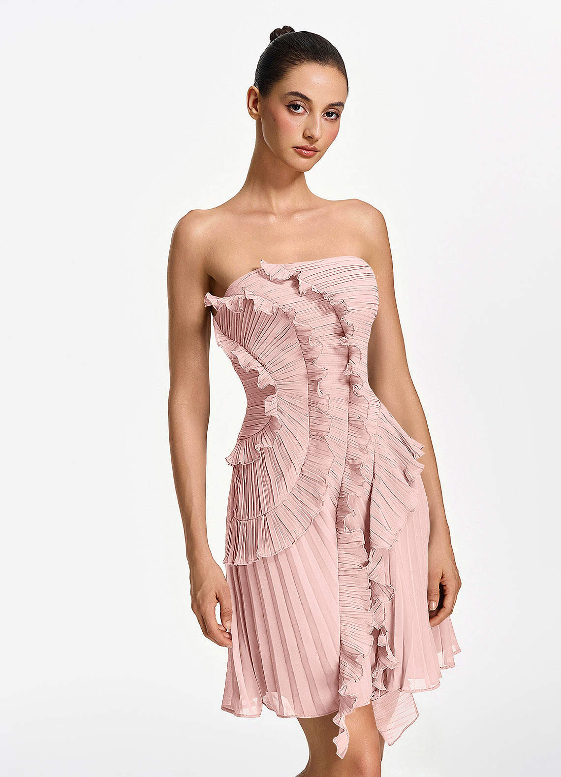 Ilona A-Line Mini Strapless Pleated Chiffon Prom Dress in Powder Pink