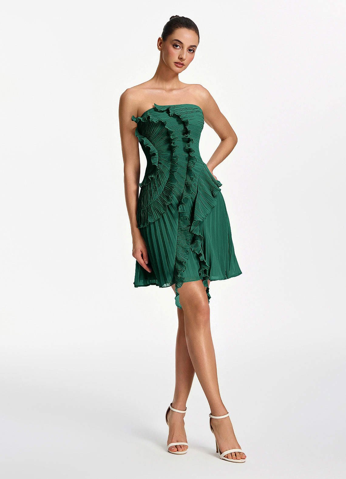 Ilona A-Line Mini Strapless Pleated Chiffon Prom Dress in Emerald