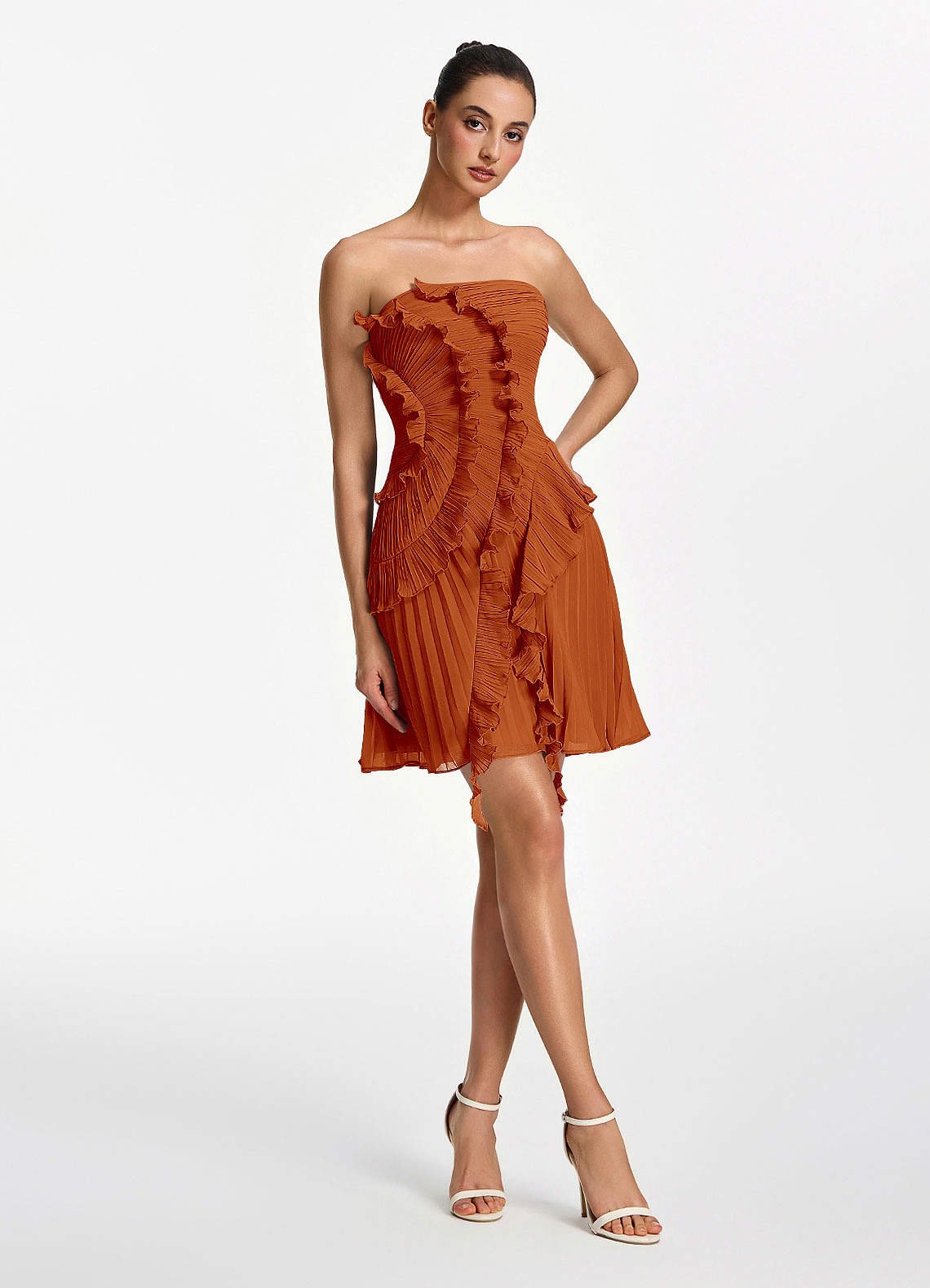 Ilona A-Line Mini Strapless Pleated Chiffon Prom Dress in Paprika