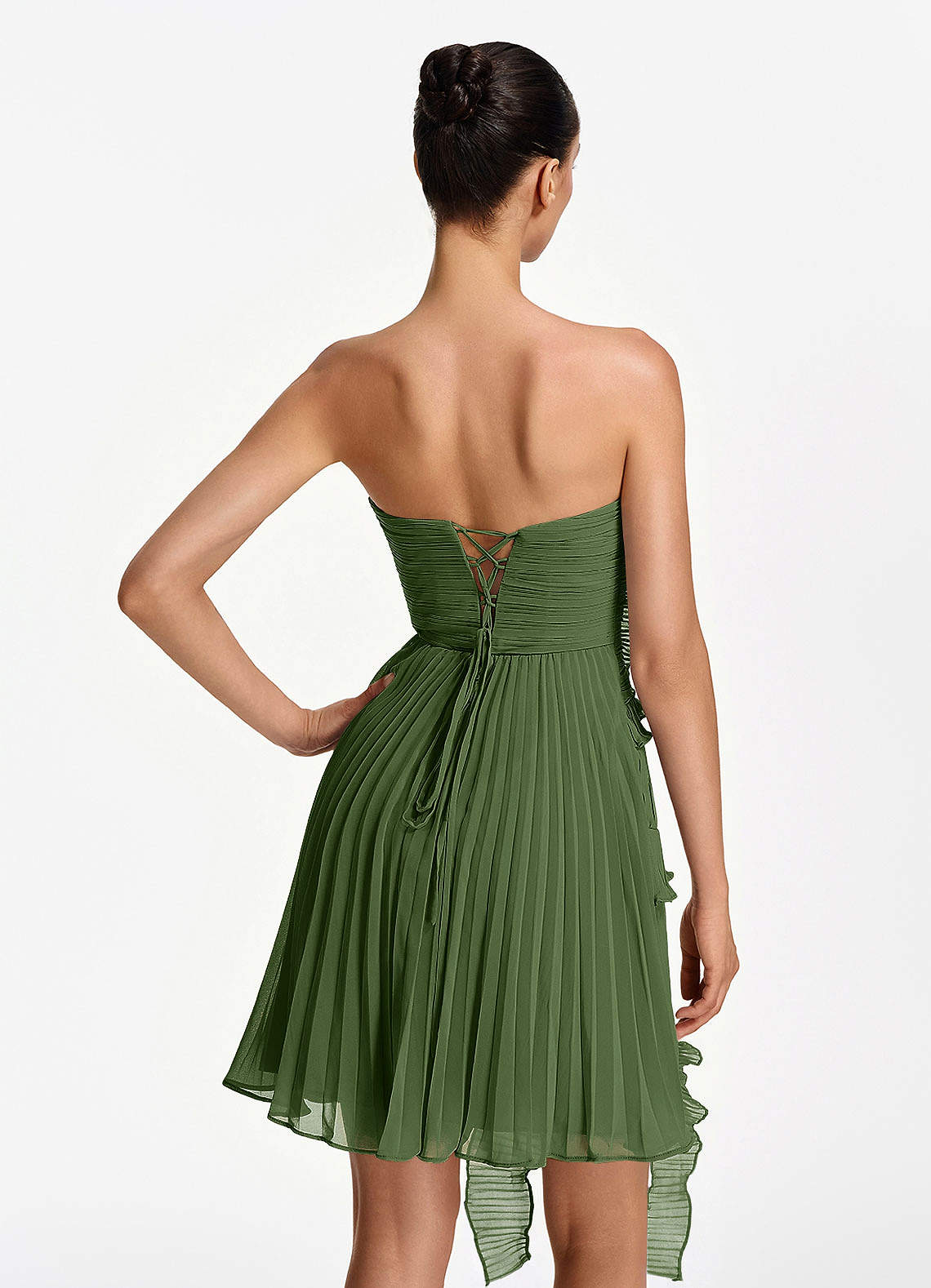 Ilona A-Line Mini Strapless Pleated Chiffon Prom Dress in Olive