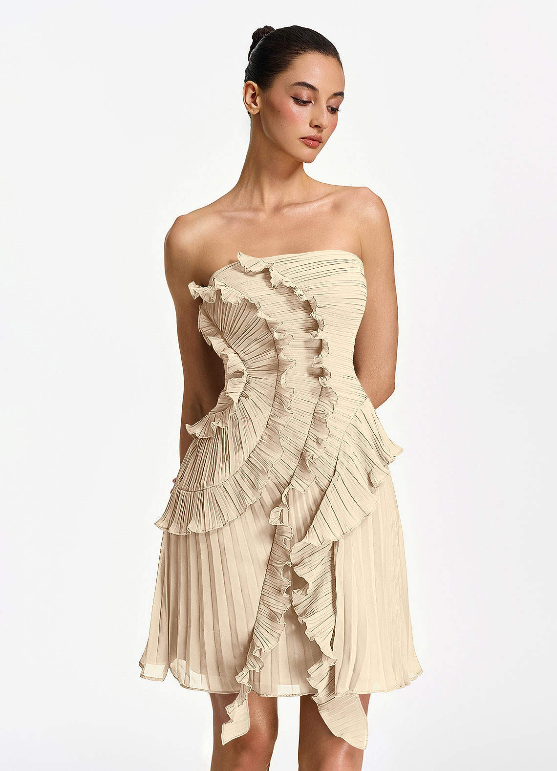 Ilona A-Line Mini Strapless Pleated Chiffon Prom Dress in Powder Pink