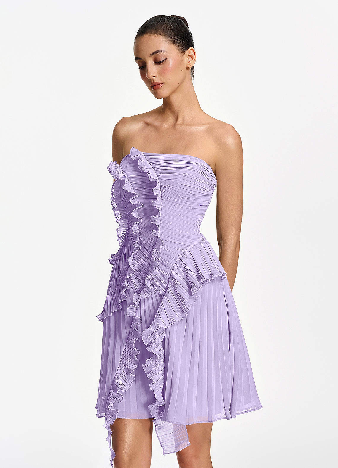 Ilona A-Line Mini Strapless Pleated Chiffon Prom Dress in Lilac