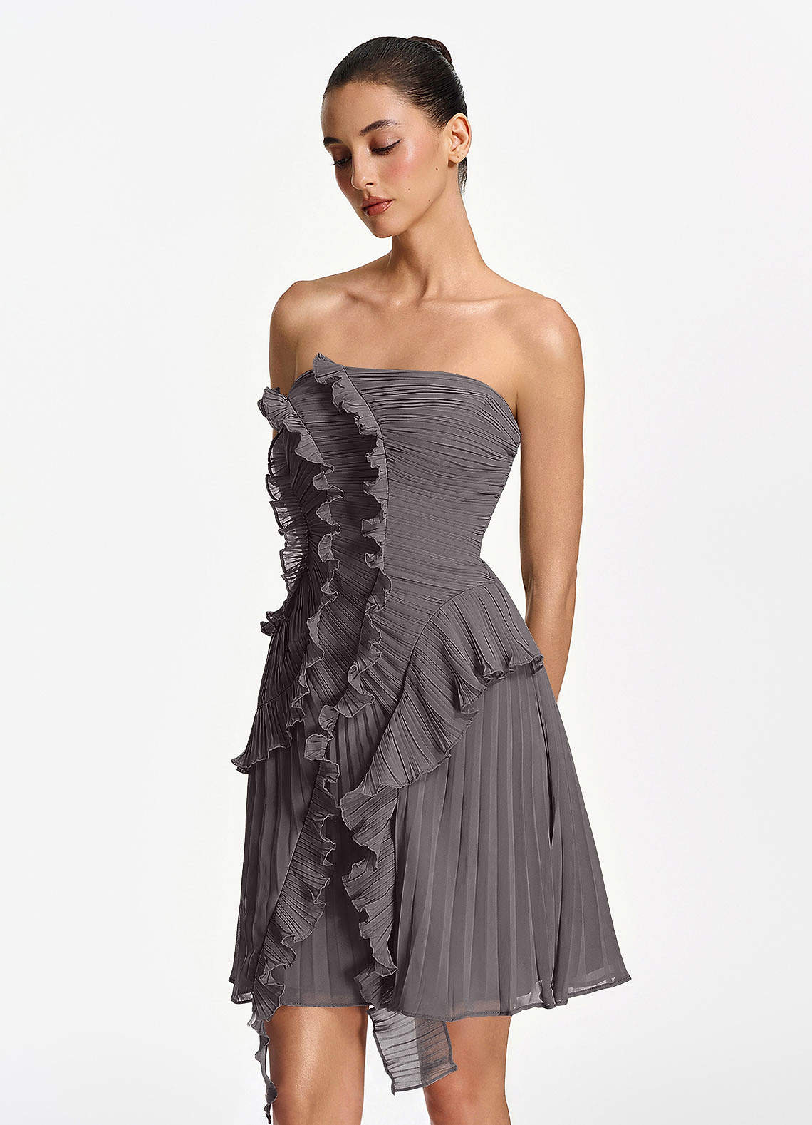 Ilona A-Line Mini Strapless Pleated Chiffon Prom Dress in Steel Grey