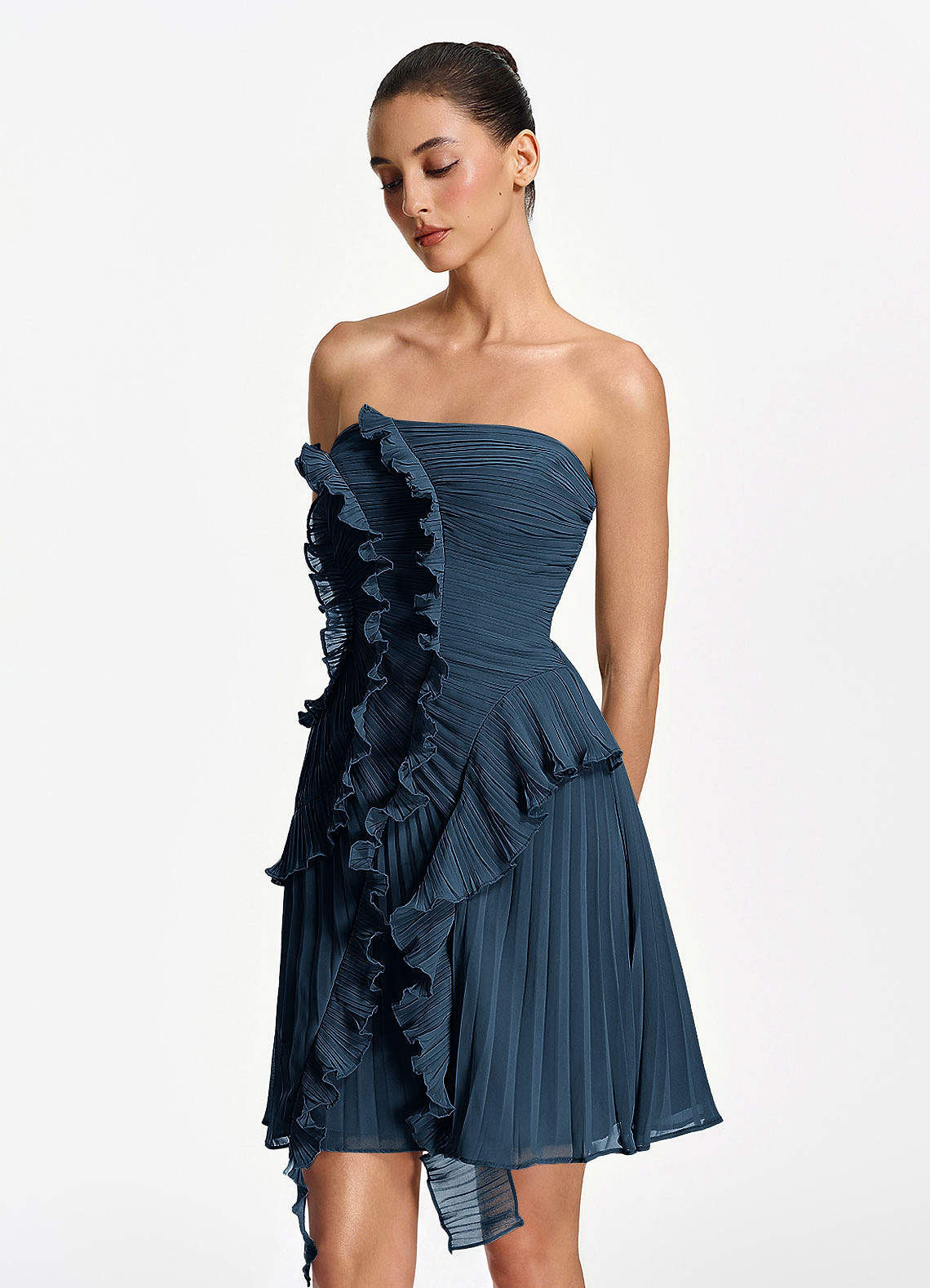Ilona A-Line Mini Strapless Pleated Chiffon Prom Dress in Navy