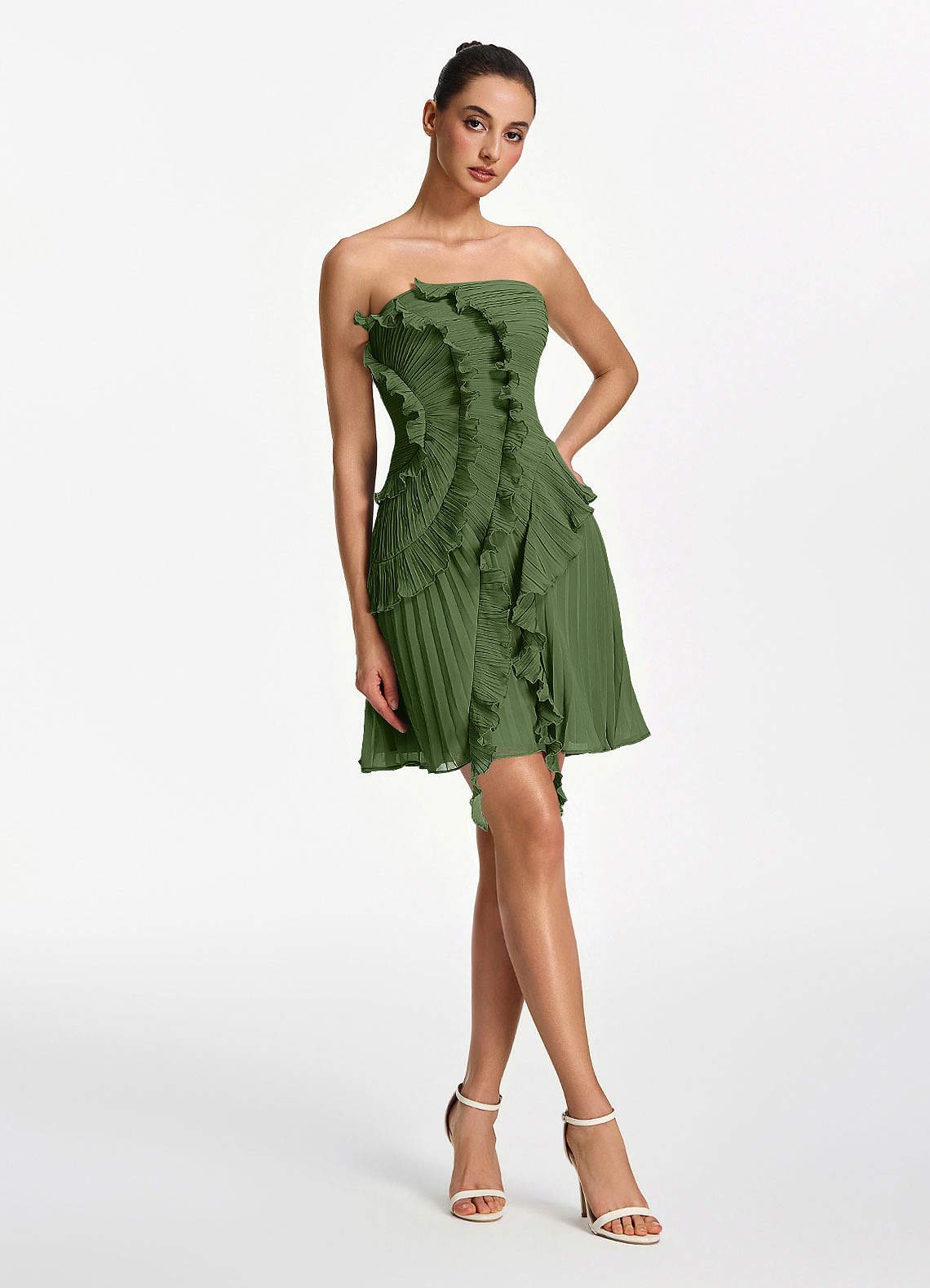 Ilona A-Line Mini Strapless Pleated Chiffon Prom Dress in Olive