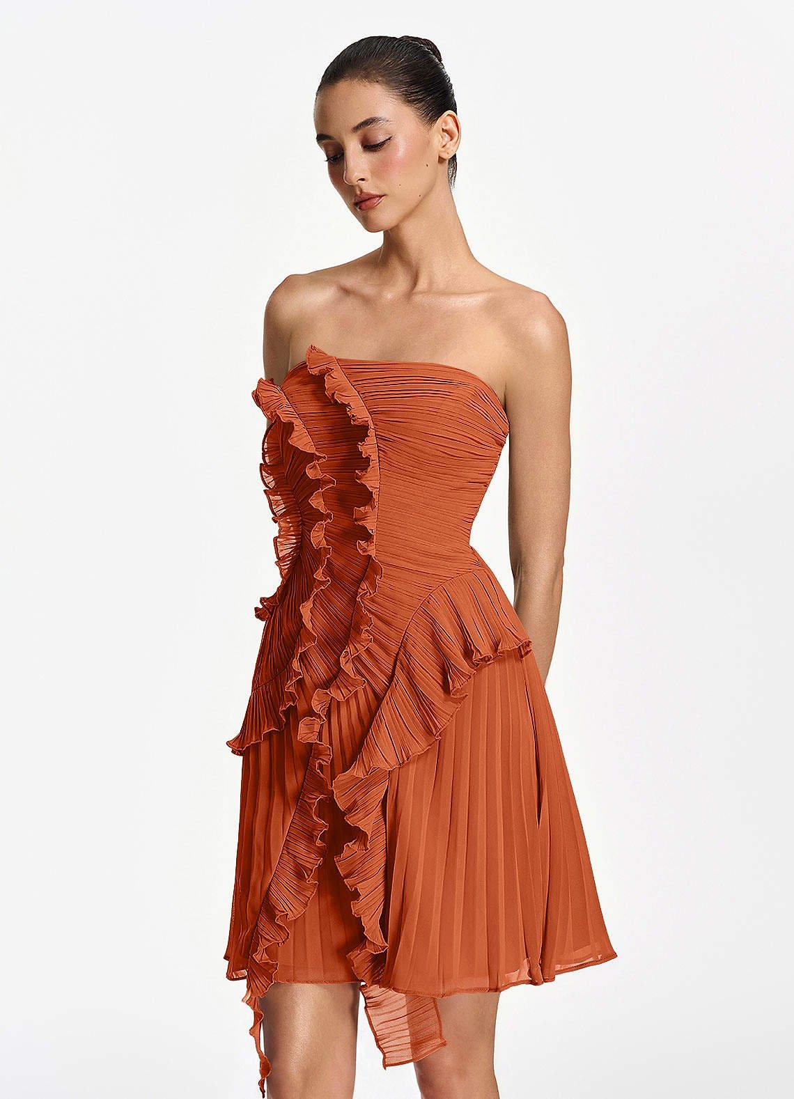 Ilona A-Line Mini Strapless Pleated Chiffon Prom Dress in Burnt Orange