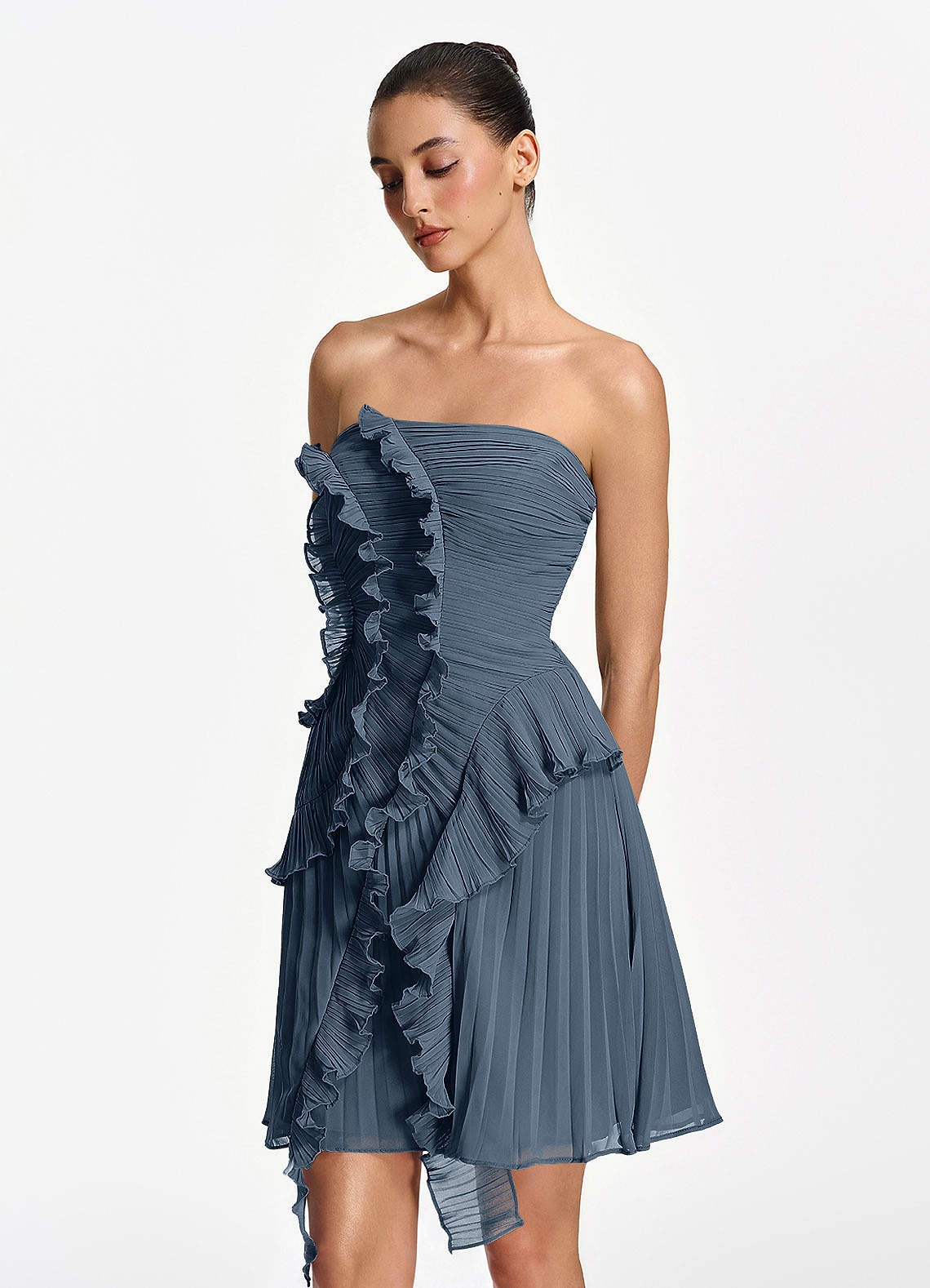 Ilona A-Line Mini Strapless Pleated Chiffon Prom Dress in Neptune