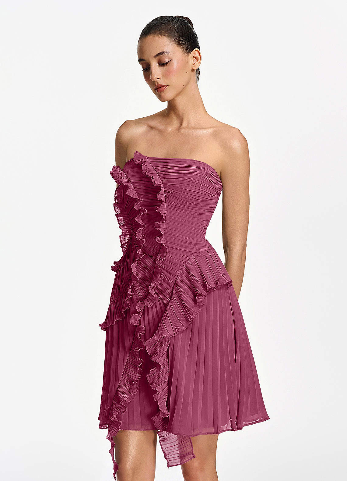Ilona A-Line Mini Strapless Pleated Chiffon Prom Dress in Mulberry