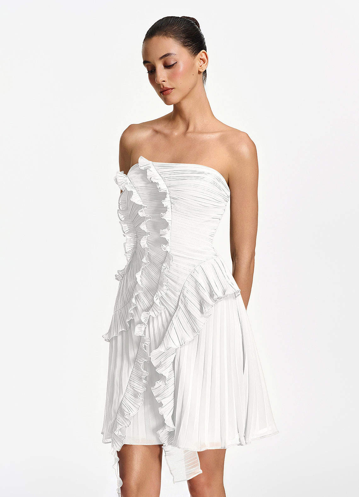Ilona A-Line Mini Strapless Pleated Chiffon Prom Dress in White