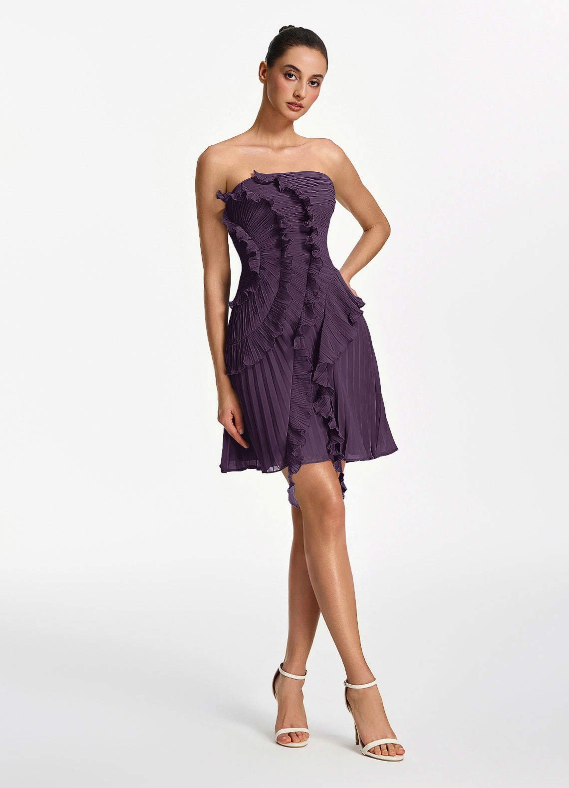 Ilona A-Line Mini Strapless Pleated Chiffon Prom Dress in Dark Purple